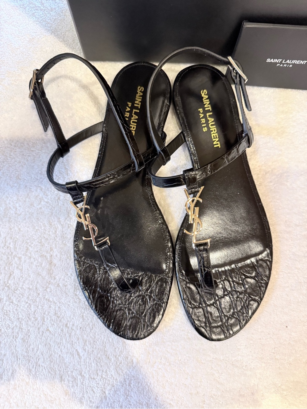 Saint Laurent Black Cassandra patent Leather T-Strap SandalsSilver YSL Accent